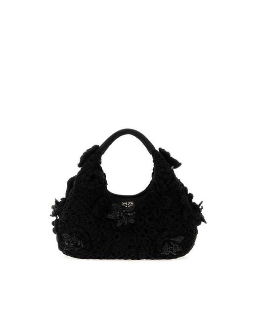 Ganni Black Crochet Hobo Bag