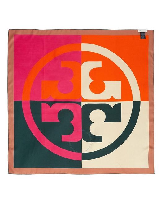 Tory Burch Orange Color-block Logo Silk Square