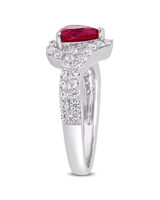 Amour Metallic 2 1/2 Ct Tgw Created Sapphire And Created Ruby Heart Halo Engagement Ring