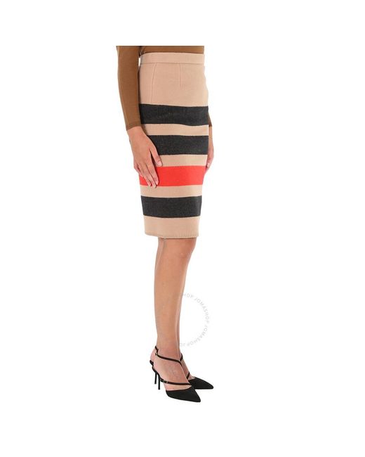 Burberry Red Camel Icon Stripe Wool Pencil Skirt