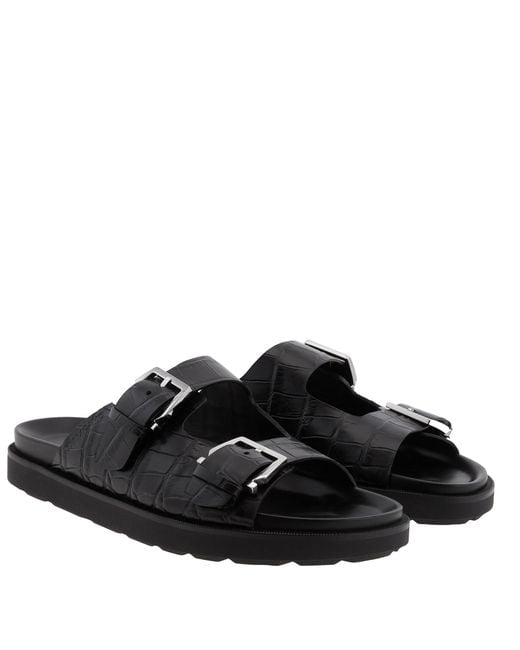 Ferragamo Black Croc-Embossed Double Strap Leather Sandals for men