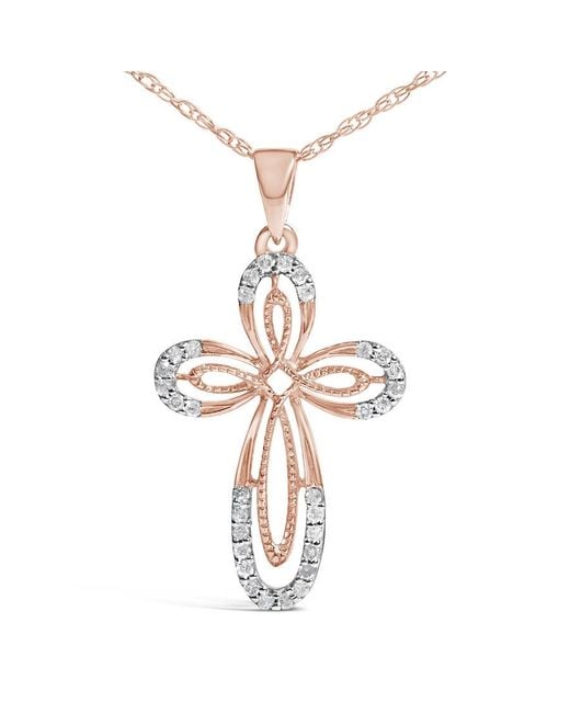 Haus of Brilliance Metallic 10K Rose Plated Sterling 1/6 Cttw Diamond Double Loop Cross Pendant Necklace