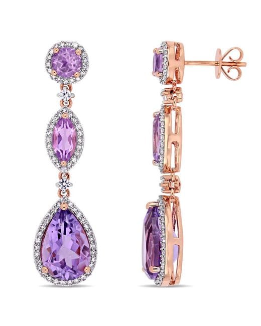 Amour Purple 8 Ct Tgw Amethyst Rose De France Sapphire And 5/8 Ct Tw Diamond Geometric Teardrop Dangle Post Earrings