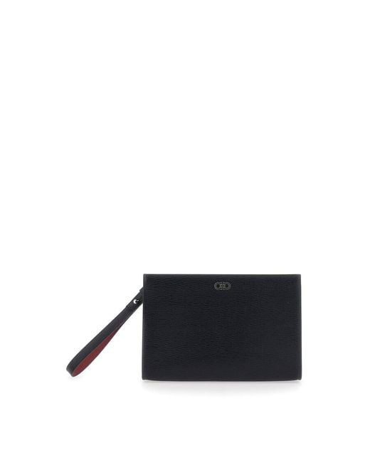 Ferragamo Black Revival Clutch With Wrist Strap And Gancini On The Front for men
