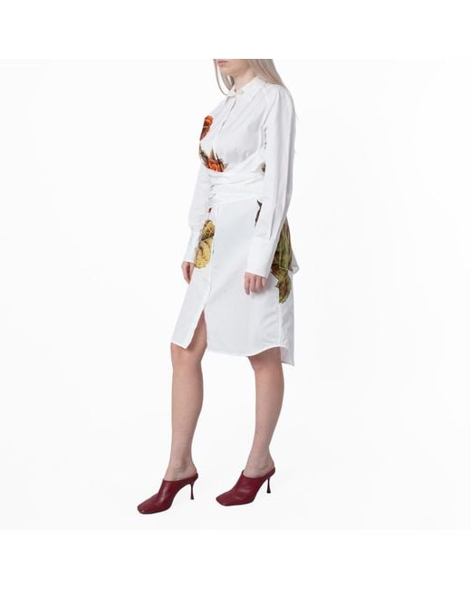 Ferragamo White Botanical Print Cotton Shirt Dress, Brand Size 40 Us