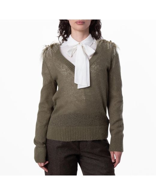 Burberry Green Wool Blend V-Neck Sweater With Shearling Detail