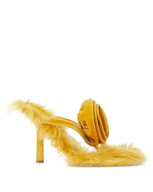 Burberry Yellow Shearling Velvet Rose Sandals, Brand Size 37 (Us