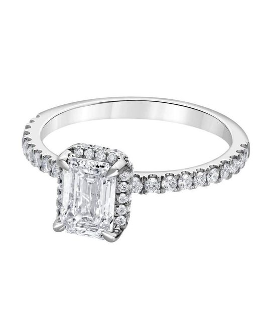 Brilliant Diamond White 1.65 Ctw Emerald Solitaire Lab Grown Dimaond Halo Engagement Ring