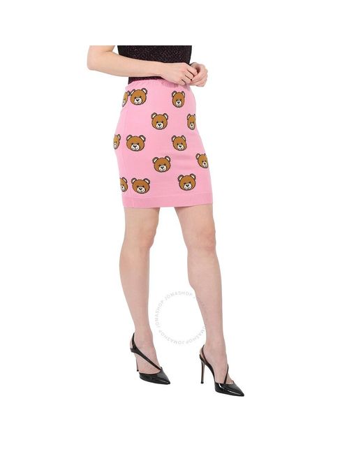 Moschino Pink Fantasia Rosa Allover Teddy Bear Wool Skirt