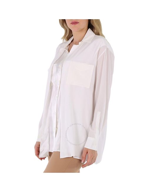 Burberry White Optic Logo Applique Silk Satin Oversized Shirt