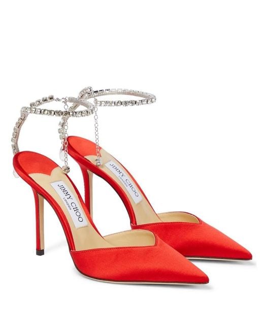 Jimmy Choo Red Saeda 100 Satin Pointed-Toe Pumps, Brand Size 34.5 Us