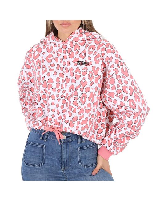 Moschino Red Leopard Print Cropped Cotton Hoodie