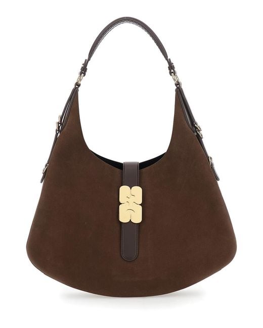 Ganni Brown Kat Large Shoulder Bag With Butterfly Plaque On The Front And Adjustable Shoulder Strap