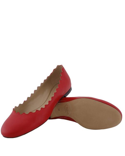 Chloé Red Lauren Scallop-Trim Leather Ballet Flats, Brand Size 36 Us