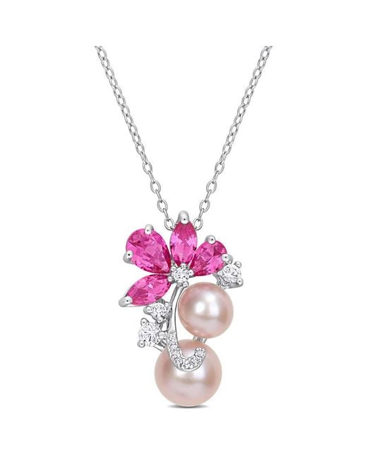 Amour Pink Cultured Freshwater Pearl & 3 1/8 Ct Tgw Created And Sapphire Pendant With Chain