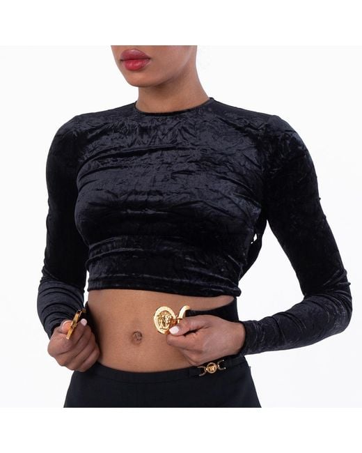 Versace Black Velvet Logo Plaque Crop Top, Brand Size 38 Us