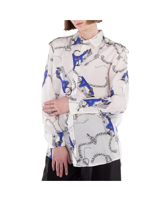 Burberry Blue Knight Hardware-Print Silk Shirt, Brand Size 6 (Us