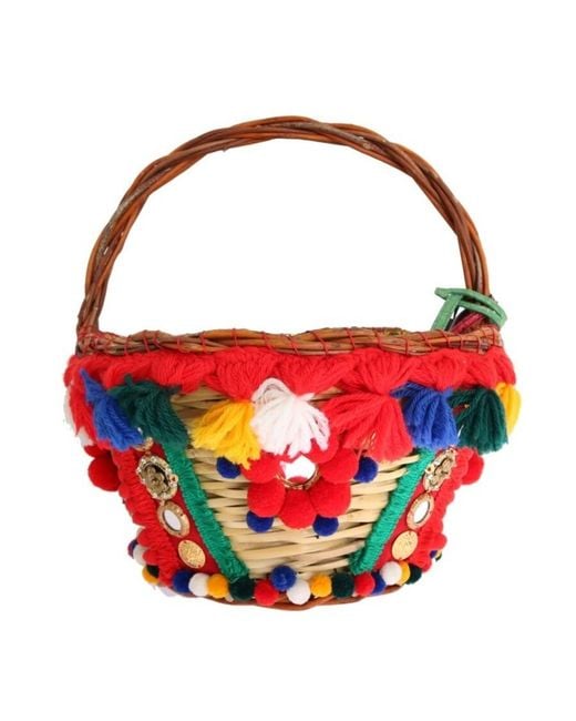 Dolce & Gabbana Red Agnese Straw Crystal Pom Bag