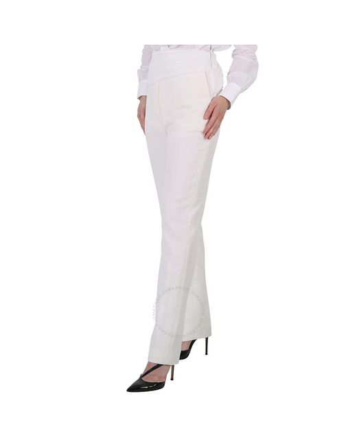 Burberry White Optic Sash Detail Technical Wool Tailored Trousers