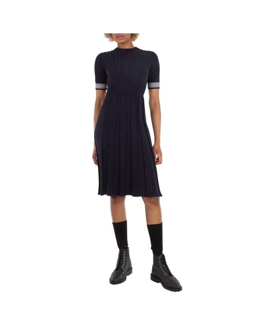 Thom Browne Blue Ladies Cotton Pleated Cricket Striped Cable Dress