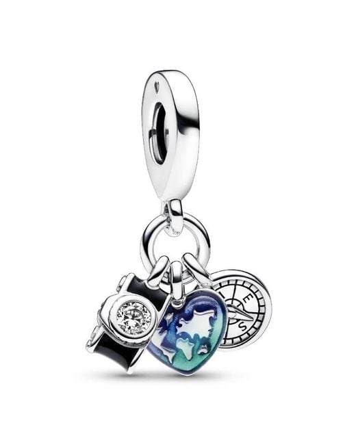 Pandora Blue Camera, Heart & Compass Triple Dangle Charm
