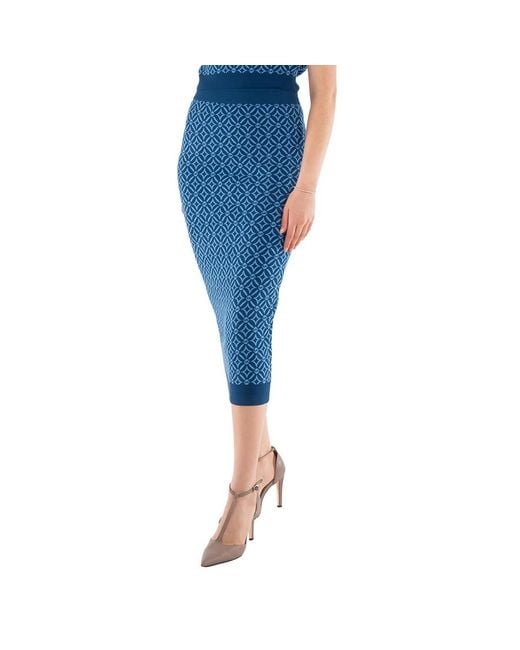 Michael Kors Blue Logo Jacquard Stretch Knit Pencil Skirt