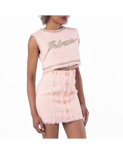 Balmain Pink Embellished Logo Tweed Crop Top, Brand Size 36 Us