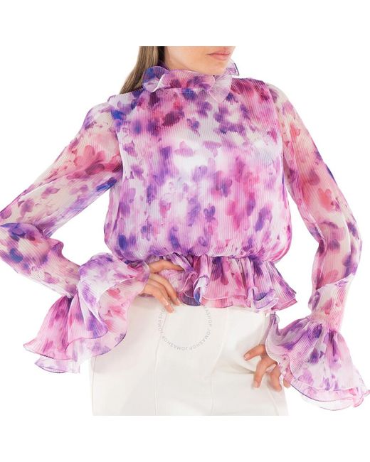 ROTATE BIRGER CHRISTENSEN Purple Ladies Optic Buttercup/Peach Chiffon Ruffle Top, Brand Size 38 (Us