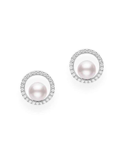 Mikimoto Metallic 18K Diamond Pave Studs With Akoya Pearls
