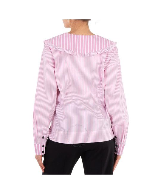 Ganni Pink Ruffled Striped Organic Cotton-poplin V-neck Blouse