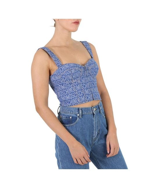 Moschino Blue Ladies Fantasy Print Monogram Denim Cropped Top