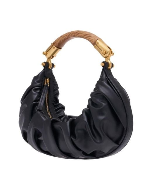 Balmain Black Gathered Calfskin Hobo Bag
