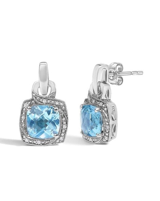 Haus of Brilliance Blue Sterling Cushion Cut Topaz And Diamond Accent Geometric Dangle Earrings