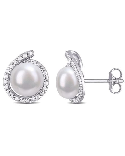 Amour Metallic 8-8.5Mm Freshwater Cultured Pearl And Diamond Accent Halo Stud Earrings