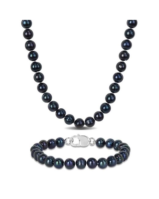 Amour Blue 2-Piece Set 8-8.5Mm Cultured Freshwater Pearl Necklace And Bracelet With Sterling Clasps for men