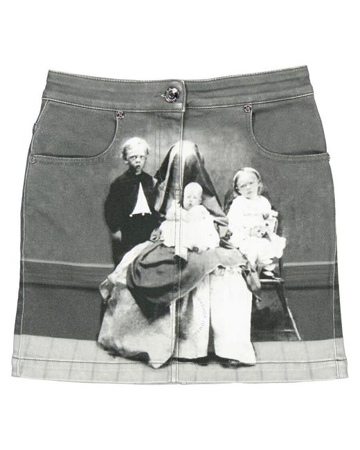 Burberry Gray Grey Stretch Denim Victorian Portrait Print Mini Skirt