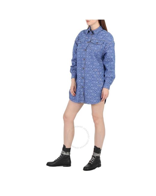Moschino Blue Fantasy Print All-over Logo Long-sleeve Denim Shirt Dress