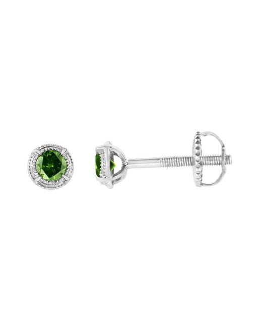 Haus of Brilliance .925 Sterling Silver 1/5 Cttw Treated Green Diamond Modern 4-prong Solitaire Milgrain Stud Earrings