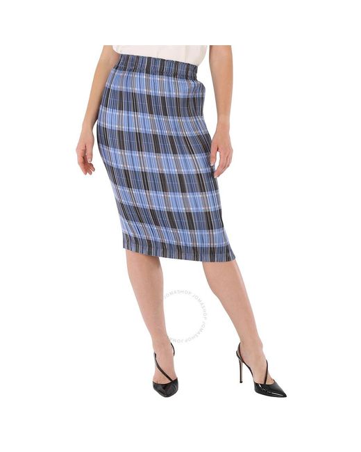 Burberry Blue Plisse Pleated Check Pencil Skirt