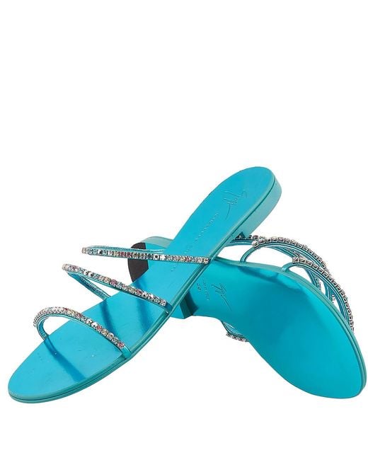 Giuseppe Zanotti Blue Rhinestone Embellished Flat Sandals, Brand Size 36 Us