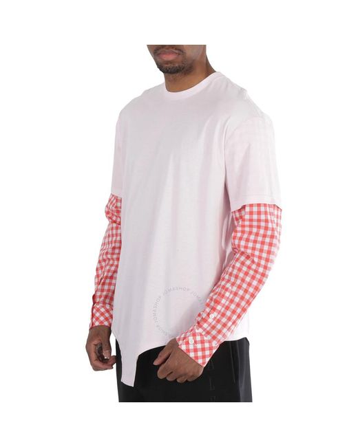 Burberry Red Pale Cut-out Hem Gingham Sleeve Cotton Oversized T-shirt for men