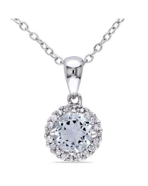 Amour Metallic 1/10 Ct Tw Diamond And Aquamarine Halo Pendant With Chain