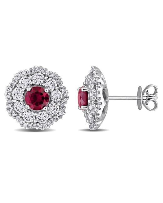 Created Forever Metallic 1 1/3Ct Tgw Created Ruby And 1 3/5Ct Tw Lab-Grown Diamond Floral Halo Stud Earrings