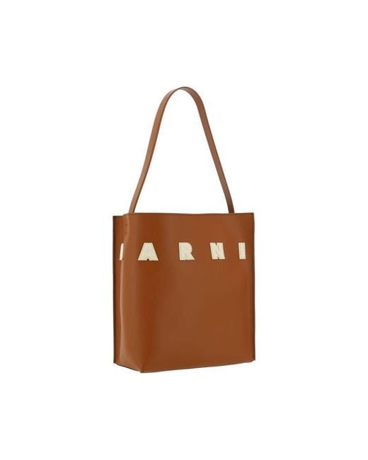 Marni Brown Calf Leather With Signature Appliqu Shoulder Bag