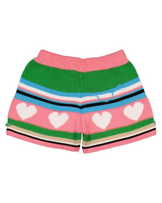 MSGM Green Girls Stripe Logo Distressed Knit Shorts