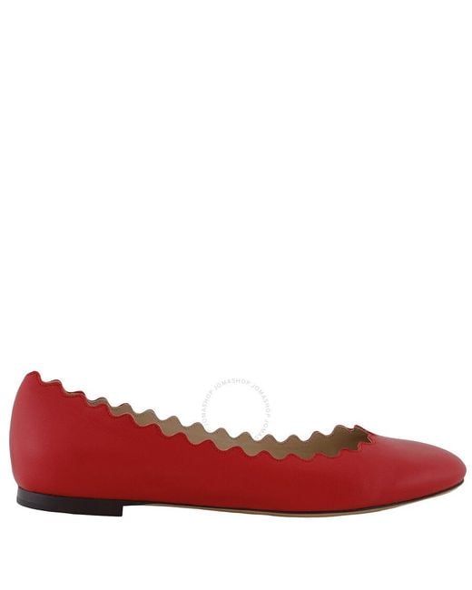 Chloé Red Lauren Scallop-Trim Leather Ballet Flats, Brand Size 36 Us
