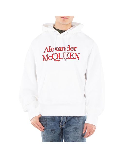 McQueen White Optical Logo-Embroidered Cotton Hoodie for men