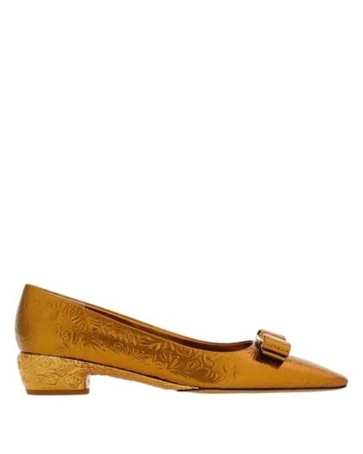 Ferragamo Brown Riace Laminated Vara Pumps