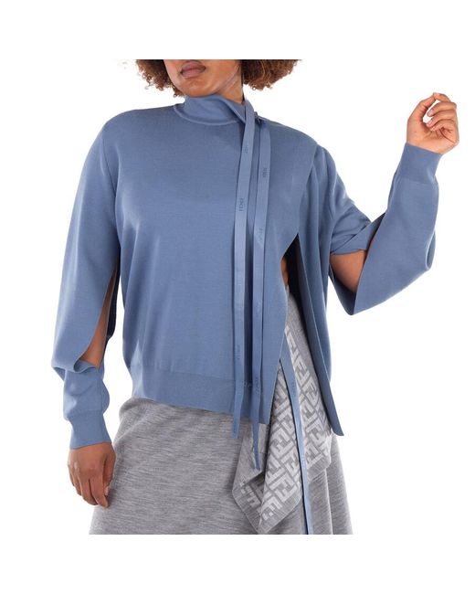 Fendi Blue Logo Detail Pullover Wool Sweater, Brand Size 44 Us