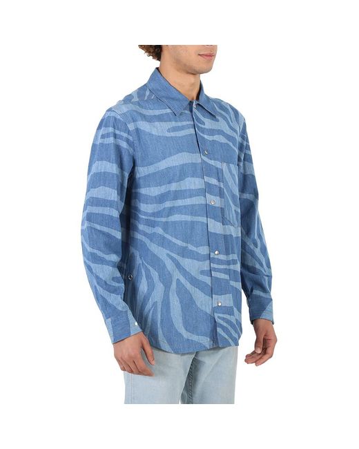 Roberto Cavalli Blue Dark Macro Zebra-print Denim Shirt for men